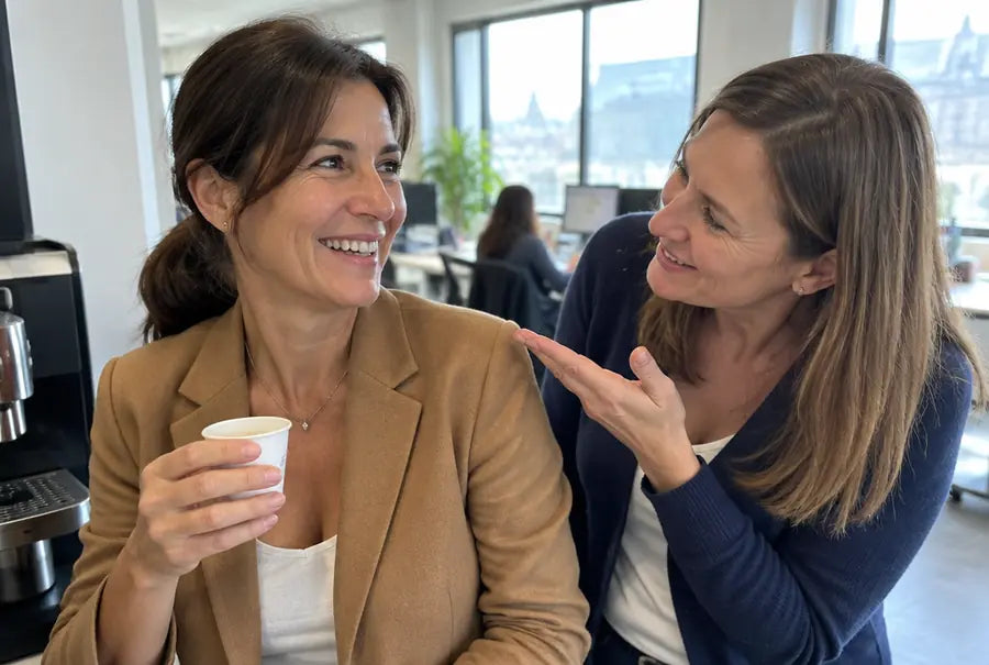 Due colleghe ridono alla macchinetta del caffè in ufficio
