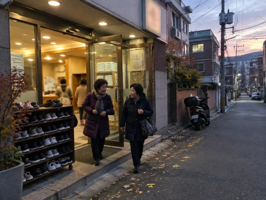 L'ingresso di un bagno pubblico a Seul, al tramonto