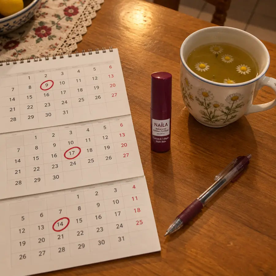 Calendario e stick NAÏLA sul tavolo della cucina