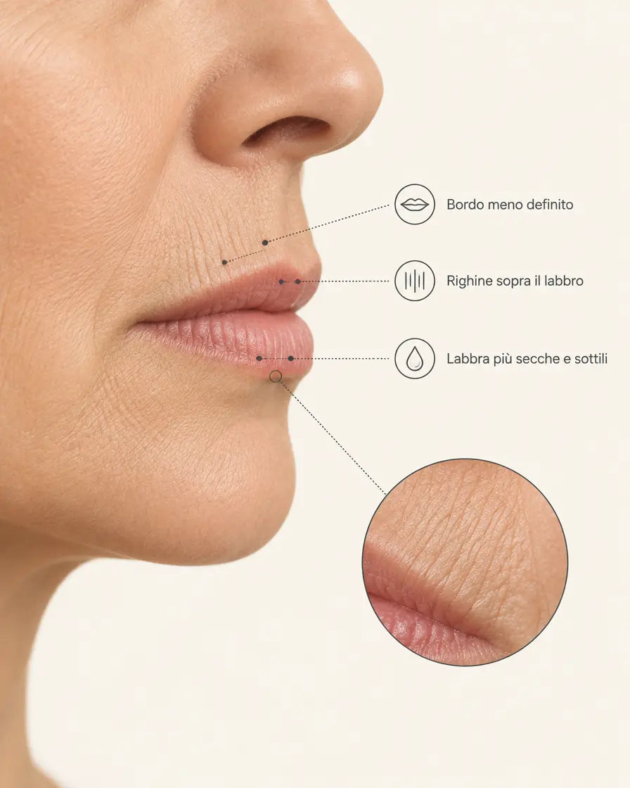 Illustrazione del contorno labbra: bordo meno definito, righine sopra il labbro, labbra più secche