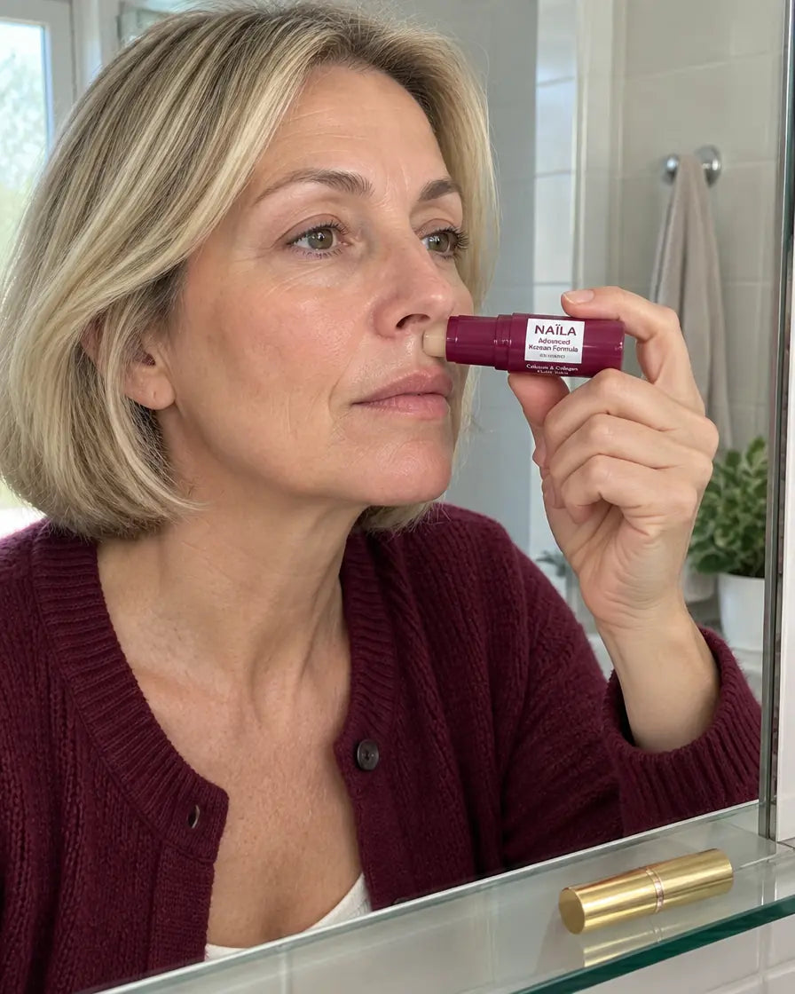 Donna che passa lo stick NAÏLA sulla pelle sopra il labbro allo specchio, labbra nude; il suo rossetto è sulla mensola