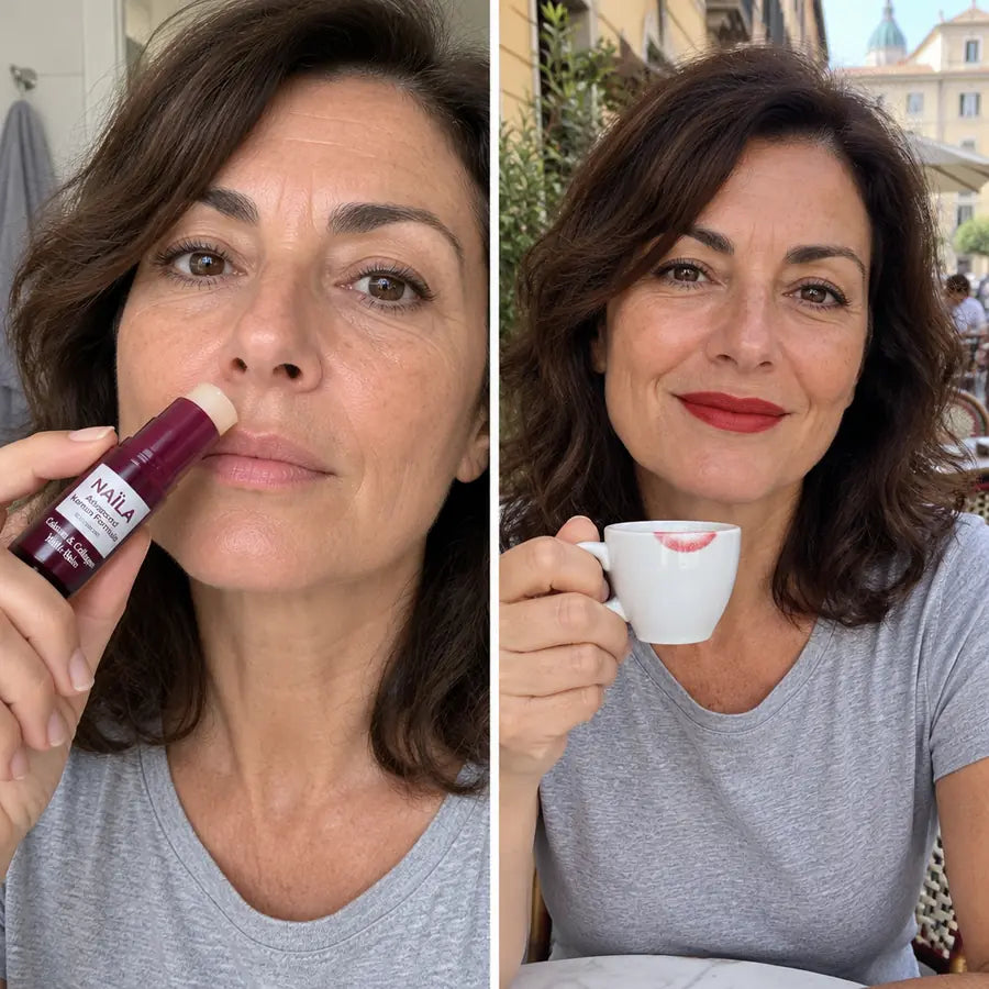 A sinistra lo stick passato sulla pelle sopra il labbro, labbra nude; a destra al bar, con il proprio rossetto e il segno pulito sulla tazzina