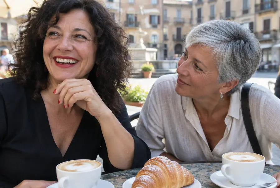 Due amiche ridono al tavolino di un bar
