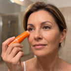 Donna che applica lo stick arancione al retinolo sotto l'occhio la sera
